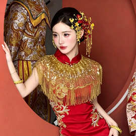 中式秀禾服新娘头饰古典金色发簪高级感红色手作花朵旗袍结婚发饰