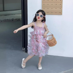 女童連衣裙2024夏裝珠光炫彩夢幻粉吊帶tutu裙蛋糕公主裙彩色禮服