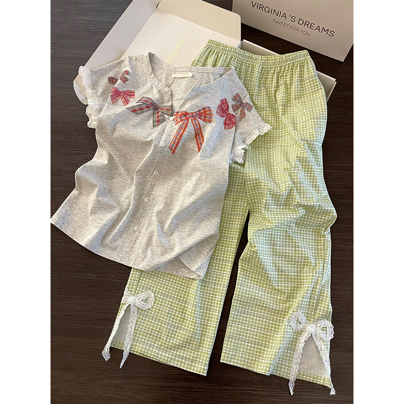 Cute Bow-Knot Printed Pajamas for Girls, Summer Comfortable Plus-Size Short-Sleeved Long-Pants Loungewear Set That Can Be Worn Outside Cute Bow-Knot Printed Pajamas for Girls, Summer Comfortable Plus-Size Short-Sleeved Long-Pants Loungewear Set That Can Be Worn Outside