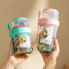 Breakfast Salad Cup Portable Healthy Vegetables Oatmeal Cup Dual-Layer Smoothie Cup with Fork and Spoon, Sealed with Lid