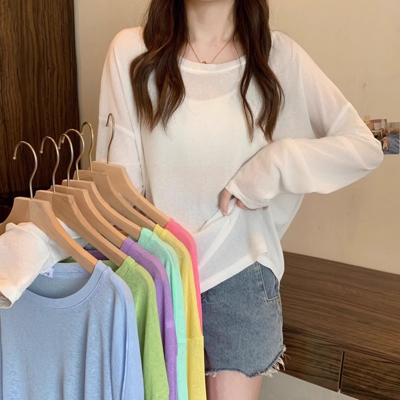 白色防晒衣女2025新款夏季薄款宽松套头雪纺长袖t恤冰丝网纱罩衫