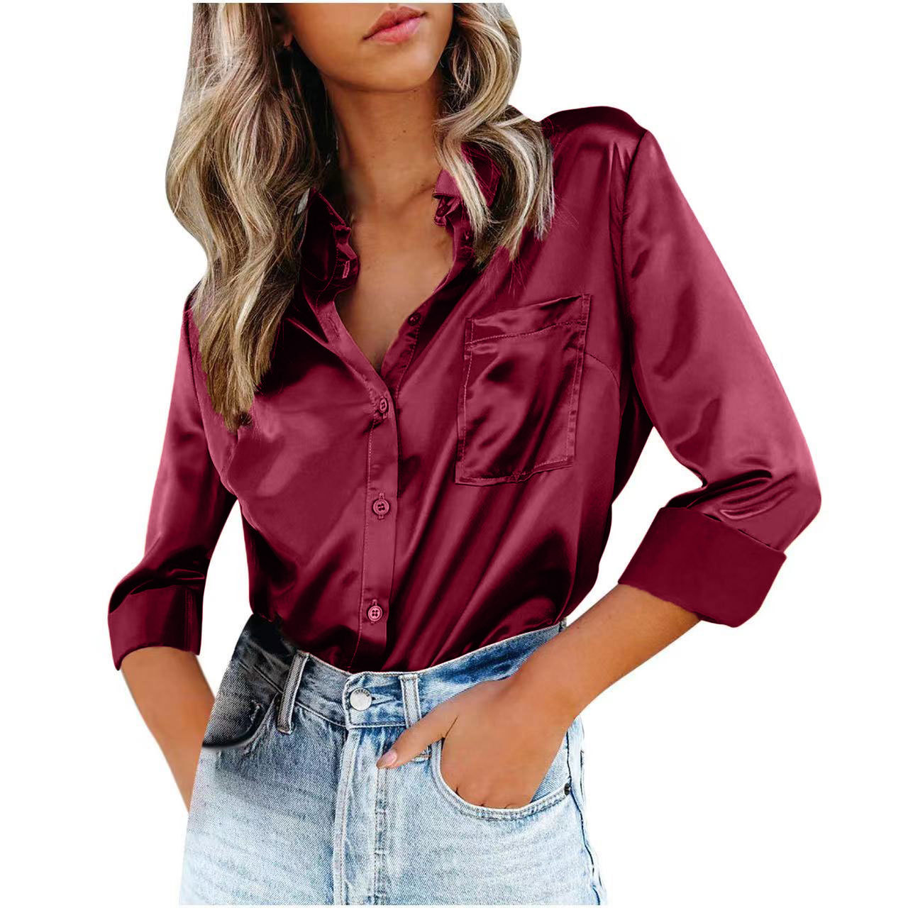 Camisa de Manga Larga con Solapa, Color Sólido, Elegante, para Primavera/Verano 2026, Estilo Europeo y Americano, Cardigan de Satén