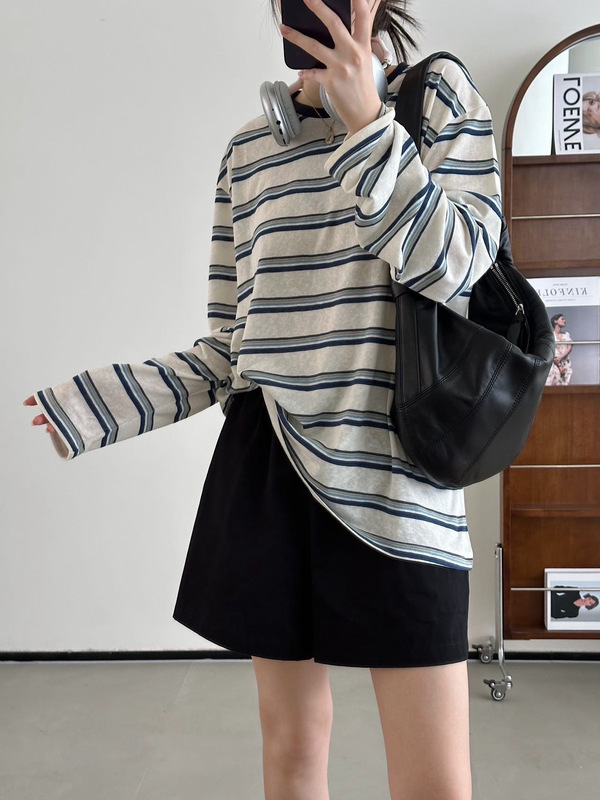 春夏秋韩系蓝条纹撞色圆领长袖防晒T恤慵懒风复古条纹空调罩衫|undefined