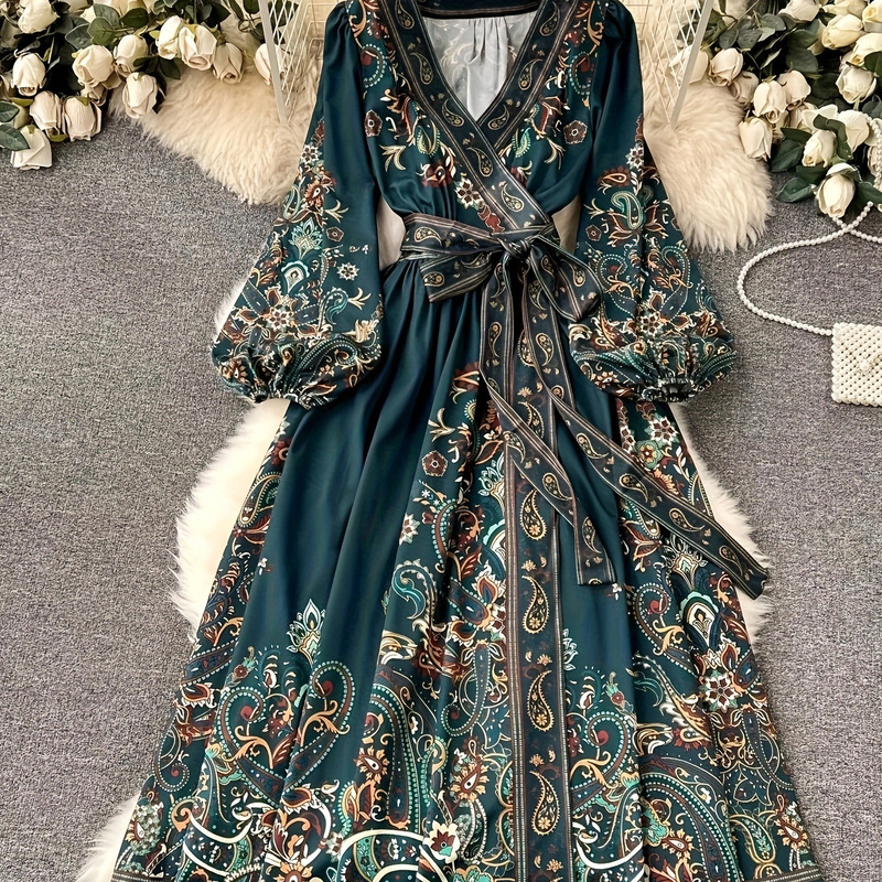 2026 Early Spring Cross-Border European and American Women's V-Neck Ethnic Style Long-Sleeve Printed Dress with Waist Tie 2026 Early Spring Cross-Border European and American Women's V-Neck Ethnic Style Long-Sleeve Printed Dress with Waist Tie