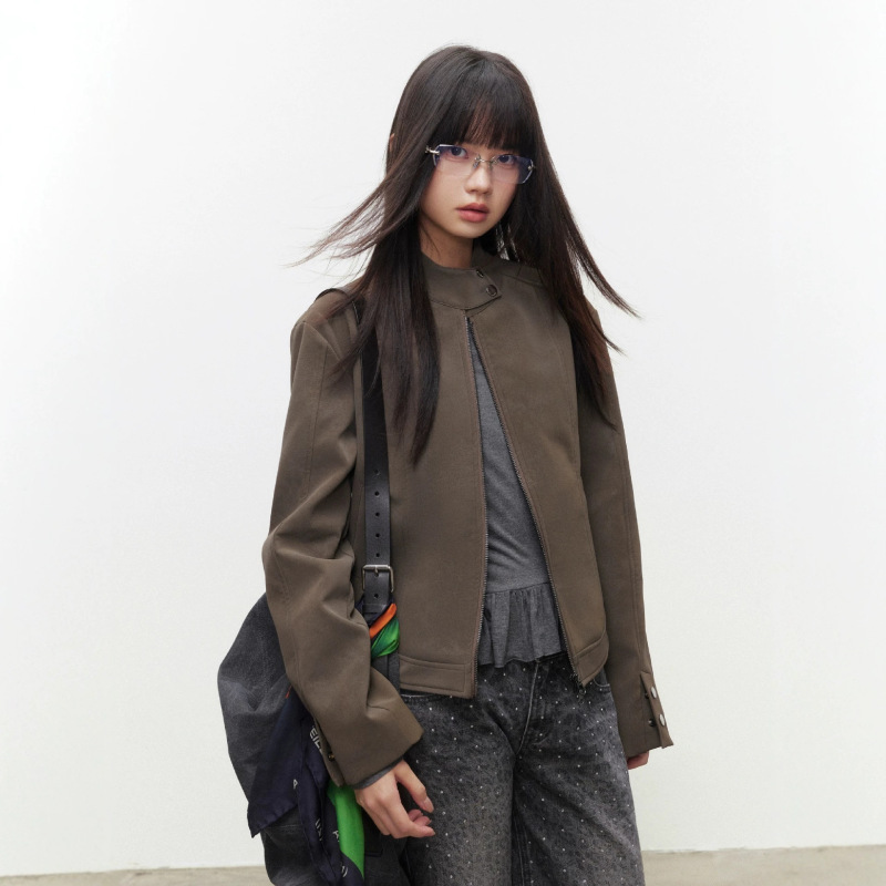 AUNP Vintage Gray-Green Brown Stand-Collar Slim-Fit Leather Jacket for Women, Autumn Slimming Versatile Short Leather Coat AUNP Vintage Gray-Green Brown Stand-Collar Slim-Fit Leather Jacket for Women, Autumn Slimming Versatile Short Leather Coat