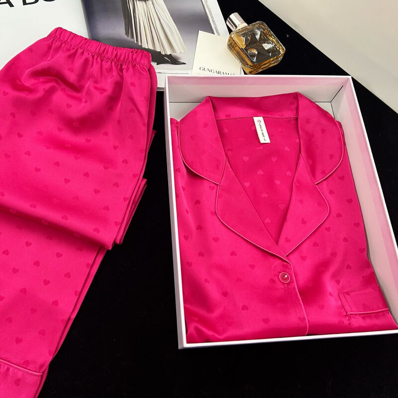 Cross-Border Ice Silk Pajamas for Women, Simple Love Jacquard Long-Sleeved Long-Pants Set, Home Wear, Foreign Trade Wholesale Cross-Border Ice Silk Pajamas for Women, Simple Love Jacquard Long-Sleeved Long-Pants Set, Home Wear, Foreign Trade Wholesale