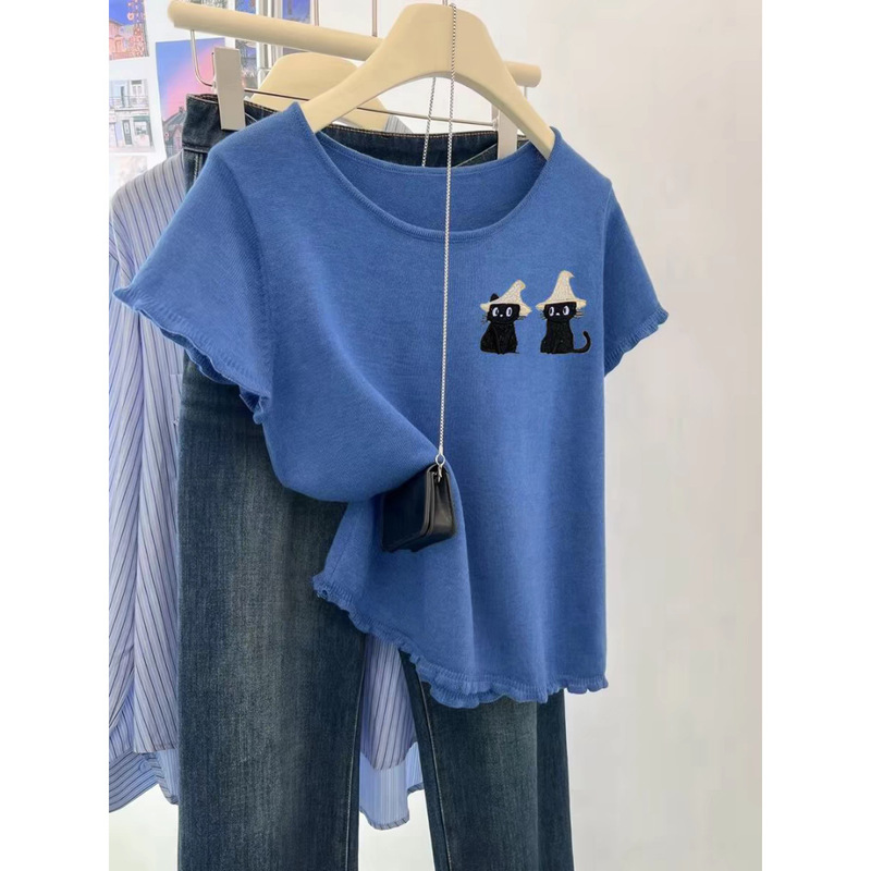 European High-End 2026 Summer New Women's Blue Cat Print Knit T-Shirt, Stylish Outfit Top, European Goods
