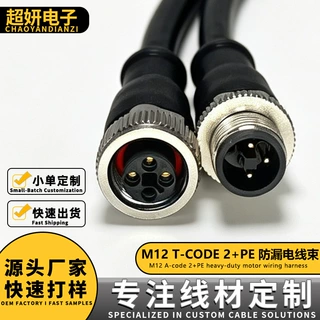 定制M12 T编码2芯16A电源连接线 工业防水大电流直流电机线束