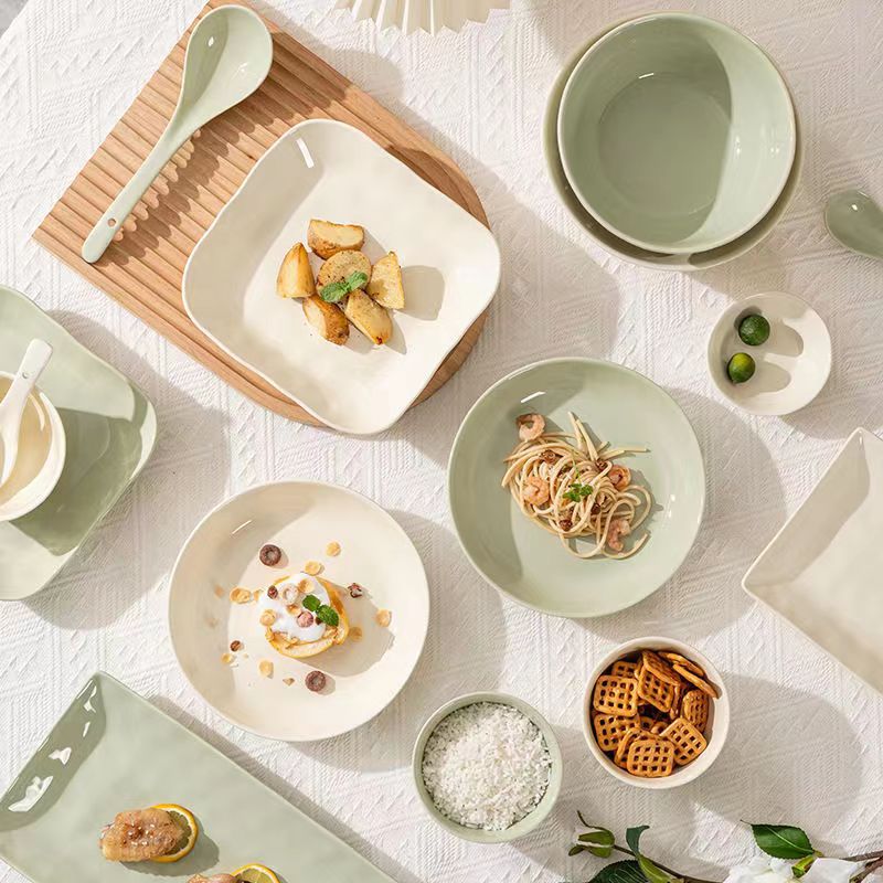 Light Luxury Instagram Cream Style Solid Color Ceramic Household Moving-in Family Reunion Meal Plate Set with High-end Tableware