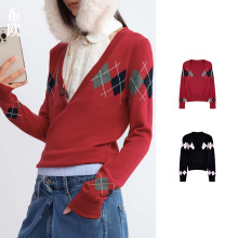 “甄选50%羊毛”RA新品深V领菱格纹毛衣个性针织衫 南油女装批发