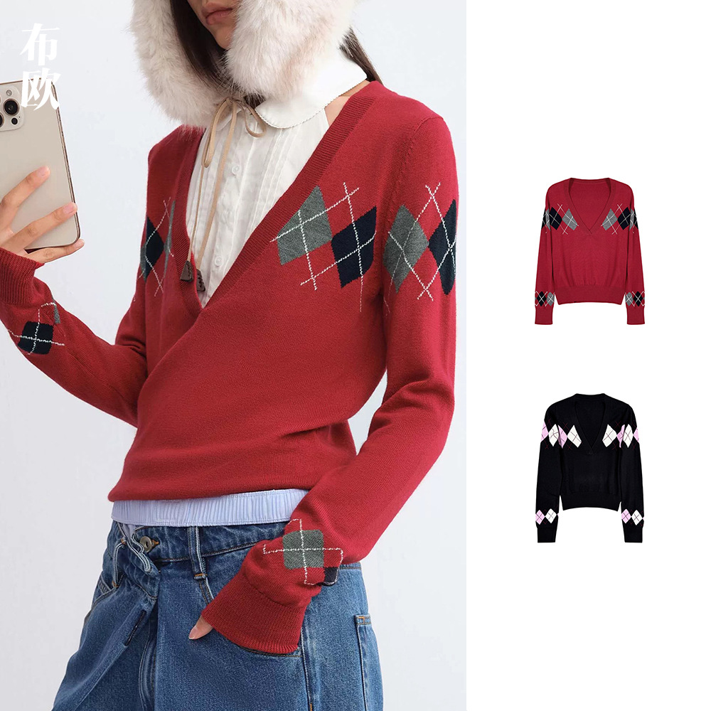 “甄选50%羊毛”RA新品深V领菱格纹毛衣个性针织衫 南油女装批发