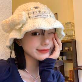 日系甜美珍珠立体花蝴蝶结针织渔夫帽子女镂空显脸小休闲毛线盆帽