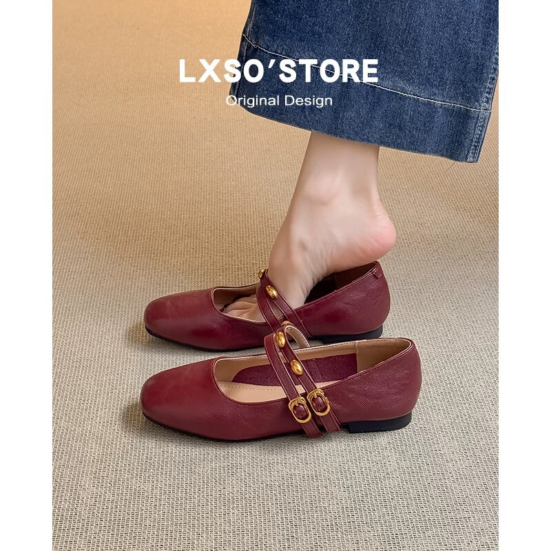 French-style shallow single shoes for women, summer retro small leather shoes, square-toed ballet flats with a single strap, flat Mary Jane women's shoes