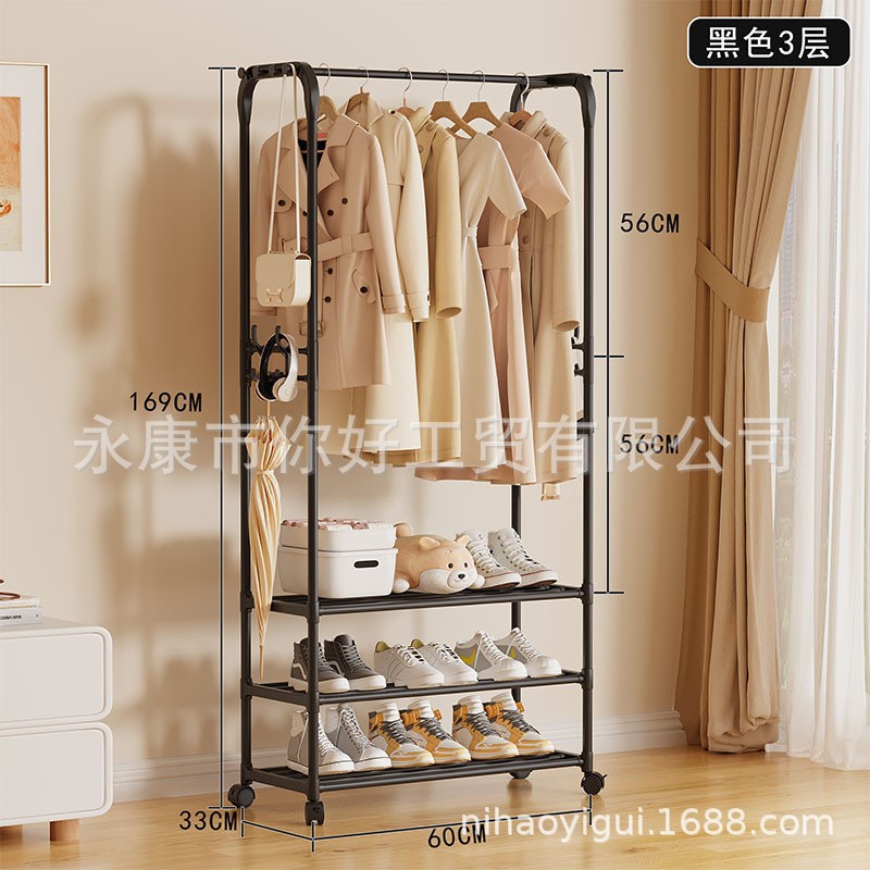 Cross-border movable multi-layer floor-standing clothes rack with wheels for bedroom, balcony storage, clothes drying rack, shoe and hat rack, coat rack