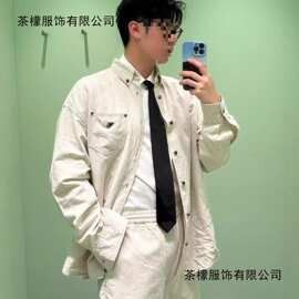 正确版本2025早秋新款P家三角标纯色单排亚麻长袖衬衫外套