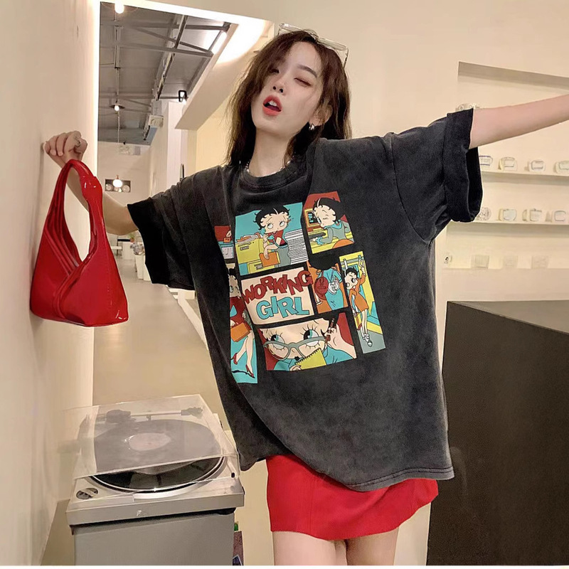 Heavy Cotton Loose Lazy Style Cartoon Printed Short-sleeved T-shirt Women's Summer American Style Retro Washed Distressed Top