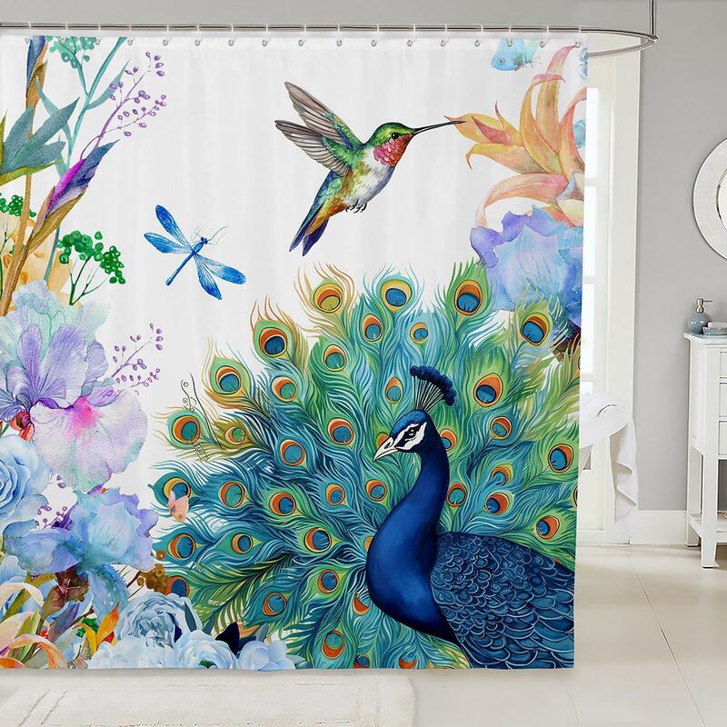 Peacock Bathroom Set Hummingbird Dragonfly Shower Curtain Flowers Bird Pattern Bath Curtain Girl Women Navy Floral Animal