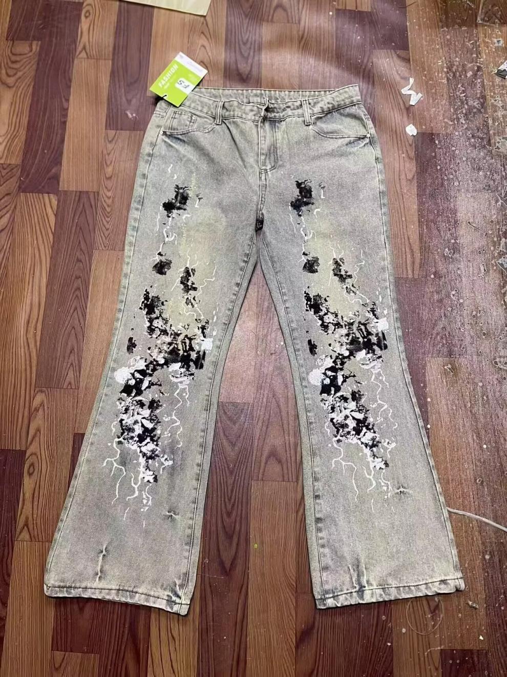 Amerikanische Micro-Pull-Jeans für Herren, bestickt, gerader Schnitt, trendige Marke, High Street, Graffiti-Trend, Retro-Freizeithose, Herren-Persönlichkeitstrend_voghion.com