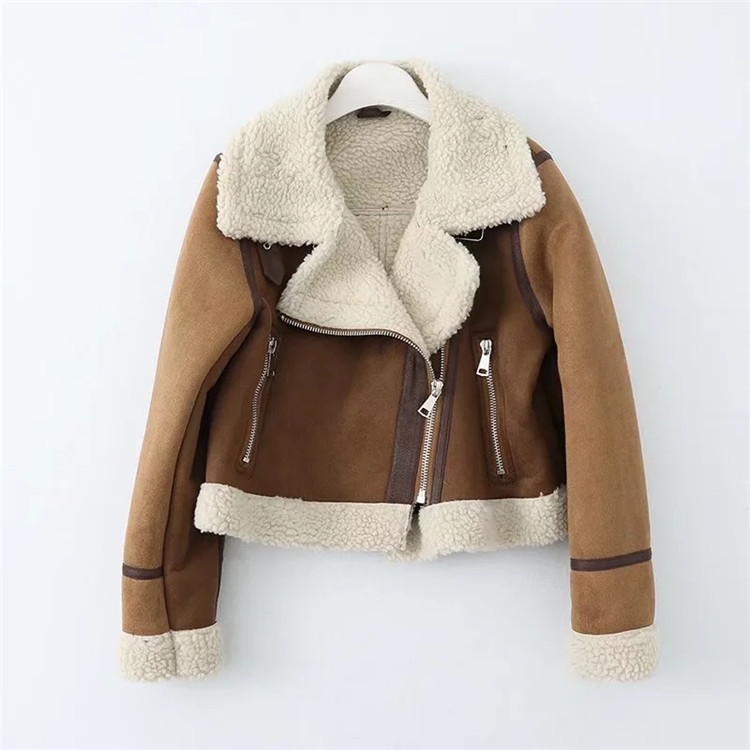 color matching faux fur and faux leather stitching jacket NSYXB136964