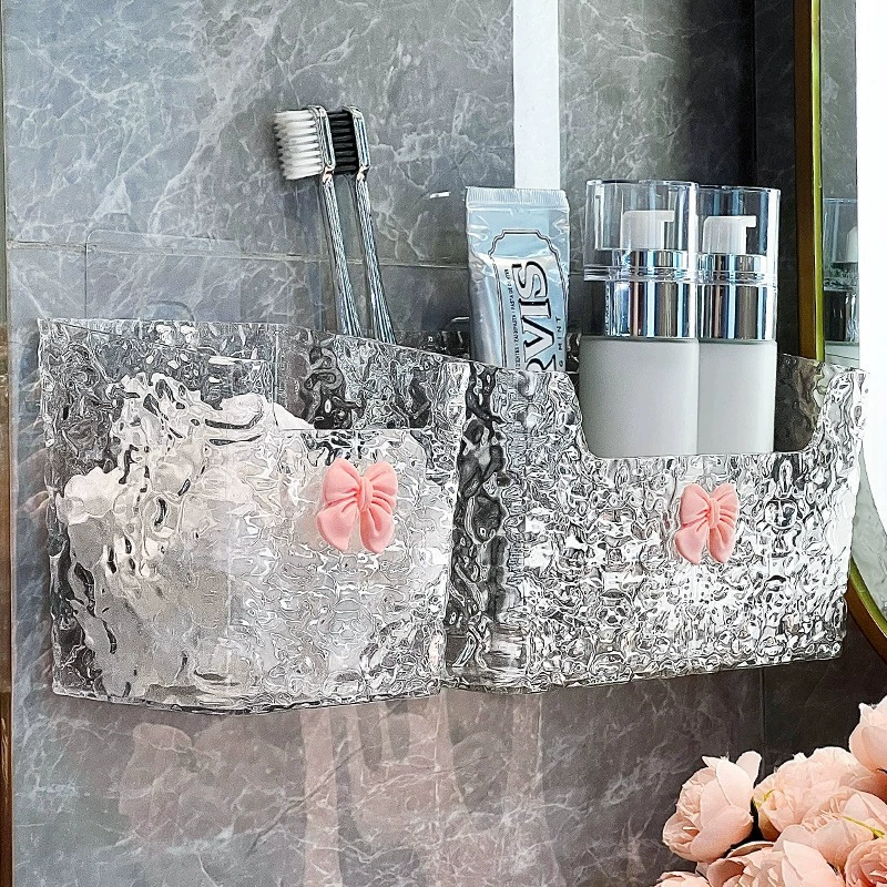 Cosmetic Storage Box Elite, no-drill wall-mount, transparent with optional bow (small/long)