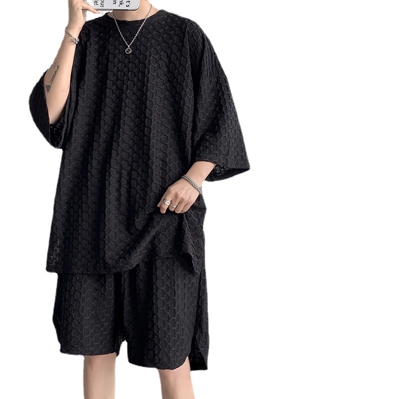 Casual traje deportivo de los hombres de verano de moda de estilo de Hong Kong ins suelta pantalones cortos de manga corta más tamaño cómodo traje de dos piezas de moda