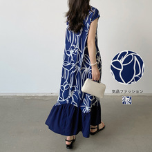 现货 实拍 跨境出口日本乐天ins亚马逊外贸宽松拼接印花连衣裙
