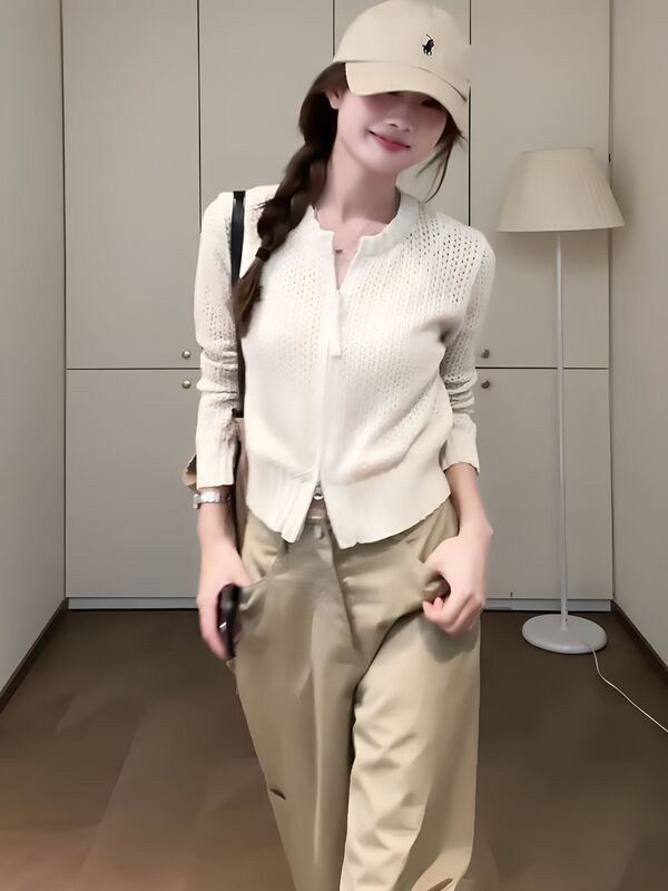米色针织开衫外套女装秋季2025新款慵懒风宽松吊带外搭罩衫上衣夏|undefined