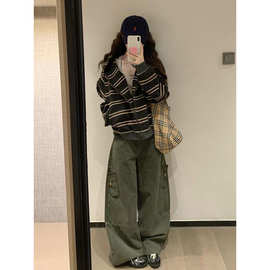 美式街头风2026秋冬女装慵懒风连帽条纹针织开衫卫衣拉链毛衣外套