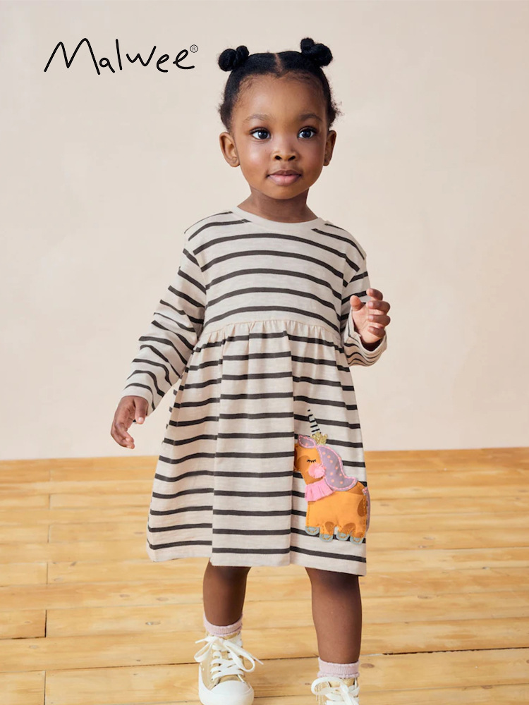 Transfronterizo malwee vestido a rayas de niñas otoño y invierno nuevo estilo europeo y americano de niños de media edad cuello redondo manga larga linda falda de princesa
