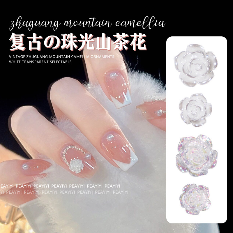 Manicure camellia Internet celebrity white rose jewelry nail ice transparent three-dimensional light aurora flower accessories wholesale