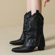 2025秋冬新款复古尖头铆钉炸街裤管靴西部牛仔骑士靴粗跟中筒短靴