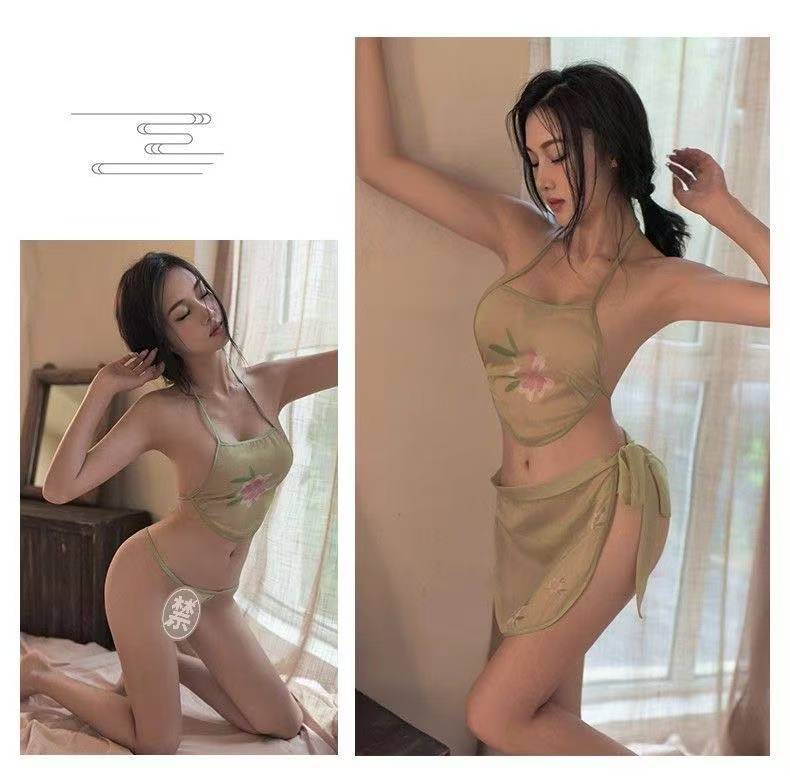 Classical Hanfu-Style Bellyband Lingerie Set, Sheer Pink Polyester, One Size — detail image 7