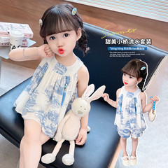 女童夏季新款背心裙寶寶水墨畫洋氣雪紡兩件套中國風吊帶短褲套裝