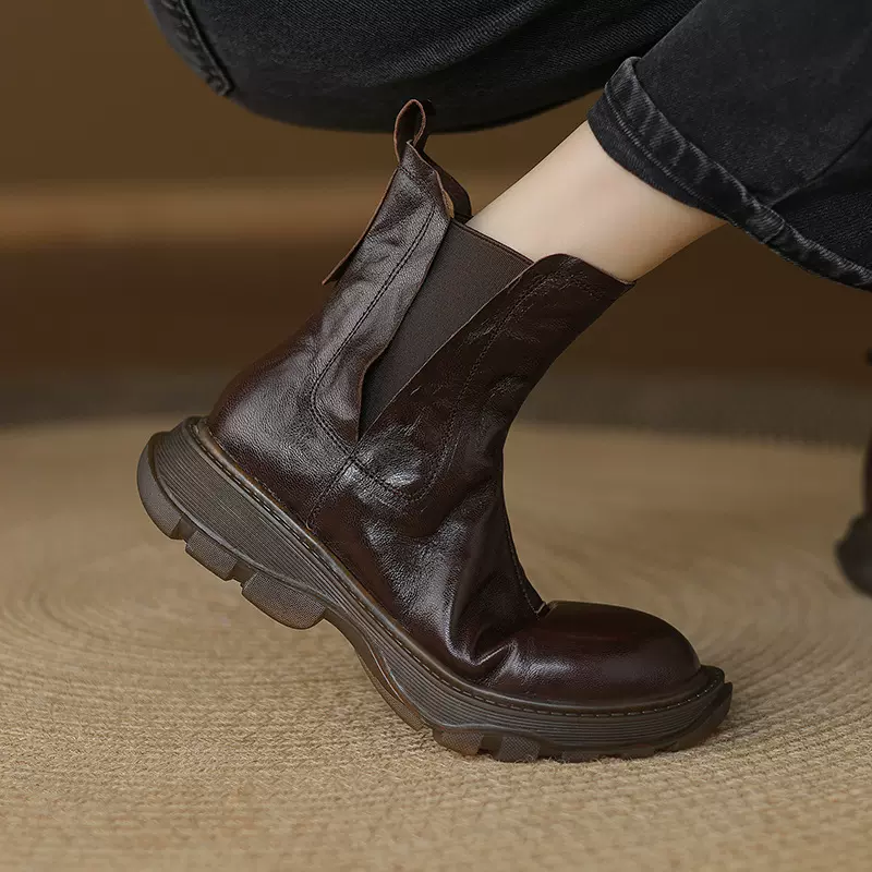 巨软女靴里外全皮松紧带短筒马丁靴手抓羊皮擦色复古厚底短靴休闲