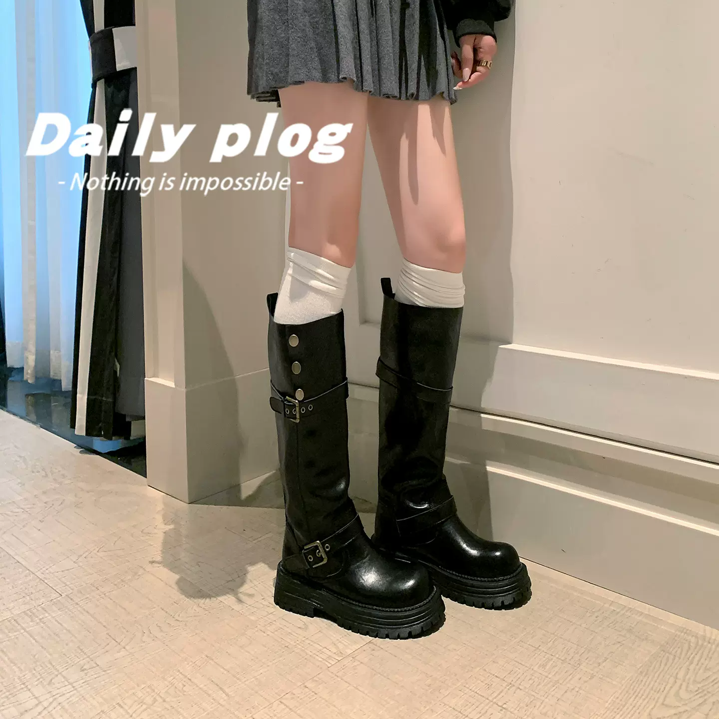 增高8cm~两穿复古英伦风粗跟厚底长筒靴女新款长靴高筒显瘦骑士靴