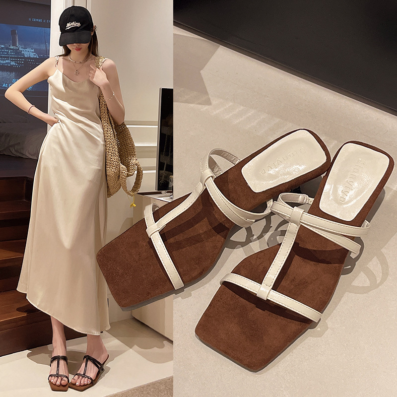 2025 Summer New French Open-Toe High-Heeled Mules For Women, Square-Toe, Lace-Up, Retro Casual Style_vogvips.com