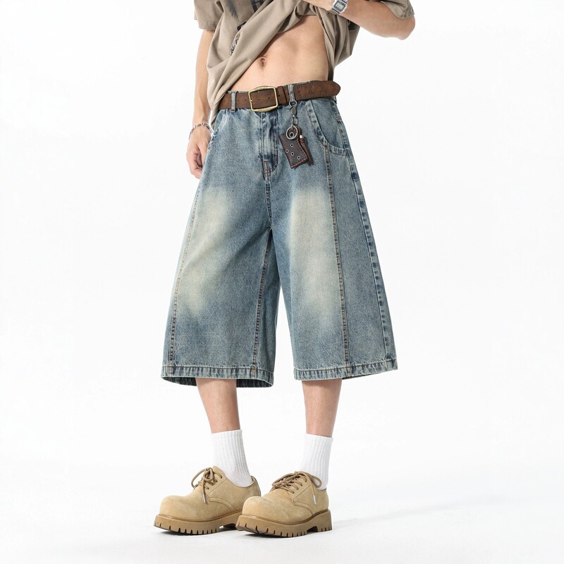 American-Style Distressed Deconstructed Denim Cropped Pants for Men, New Summer Style, Loose Wide-Leg Casual Washed Silhouette Straight Shorts American-Style Distressed Deconstructed Denim Cropped Pants for Men, New Summer Style, Loose Wide-Leg Casual Washed Silhouette Straight Shorts