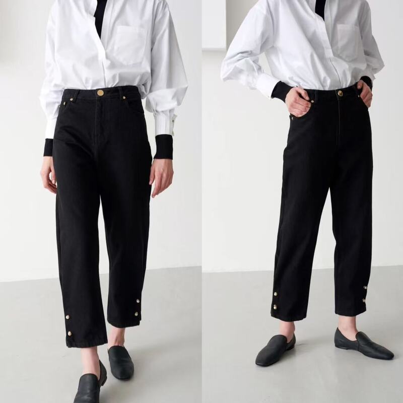 【Clearance Sale 70】British Designer Original High-Line Mo Pearl Button Detachable High-Waist Slimming Jeans
