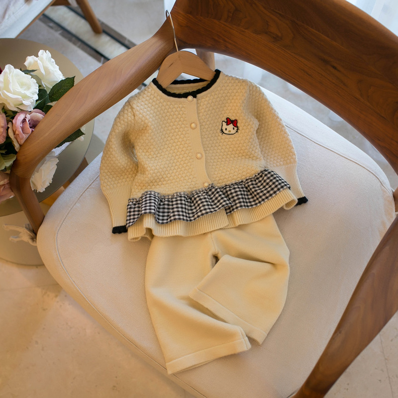 Dropshipping 2025 Korean Style Children's Clothing Autumn and Winter Kitten Cardigan Pants Two-Piece Suit N638
