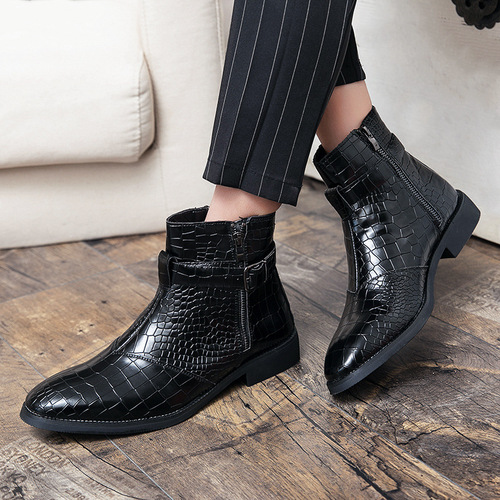 Large size pointed-toe men's autumn/winter leather boots with crocodile pattern short boots trendy leather shoes