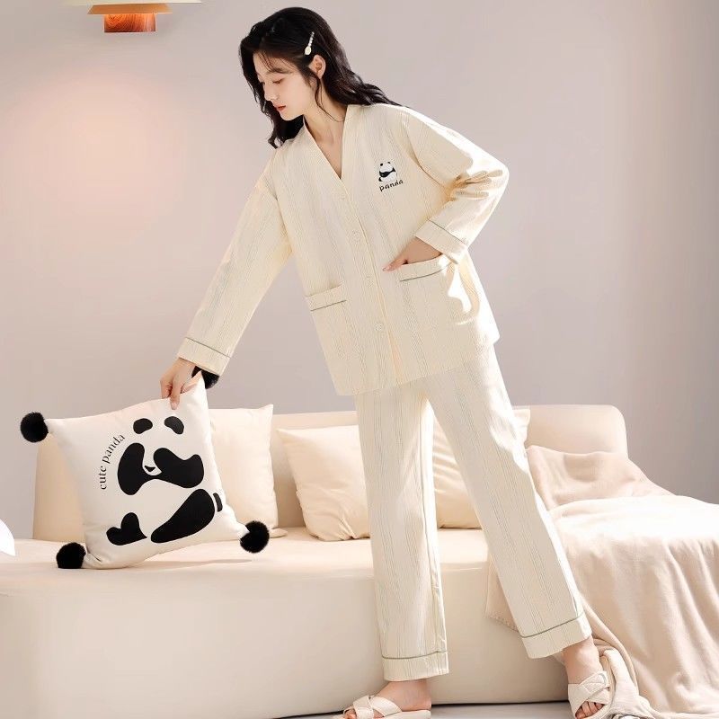 가을 겨울 면 7부 편안한 여성용 파자마 봄 가을 신상품 카디건 긴팔 바지 고급 한국식 홈웨어 아우터용