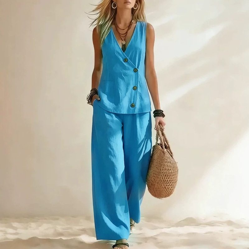 2026 Cross-Border Exclusive Supply of European and American Women's Summer Clothing, Casual Solid Color Vacation Style Buttoned Vest, Cardigan, and Long Pants Set 2026 Cross-Border Exclusive Supply of European and American Women's Summer Clothing, Casual Solid Color Vacation Style Buttoned Vest, Cardigan, and Long Pants Set