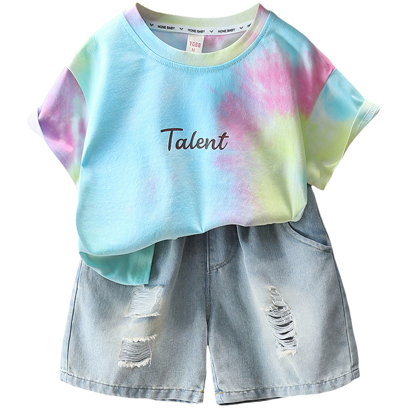 7298 Traje de manga corta para niños 2025 Nuevo estilo Niño Verano impreso Moda Pantalones cortos de mezclilla Verano de dos piezas