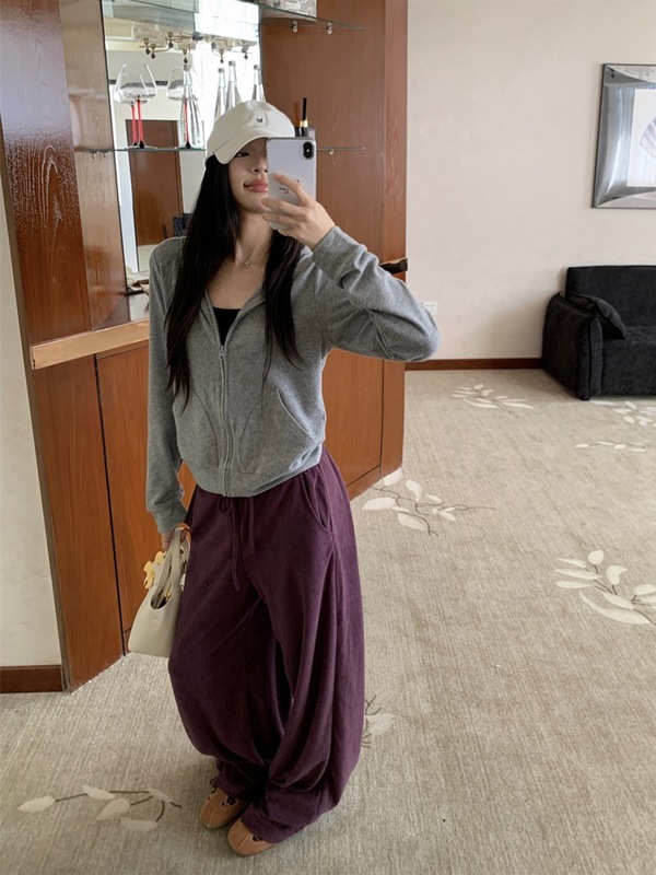 2025秋季新款百搭连帽灰色卫衣外套女装秋季宽松休闲裤长裤两件套|undefined