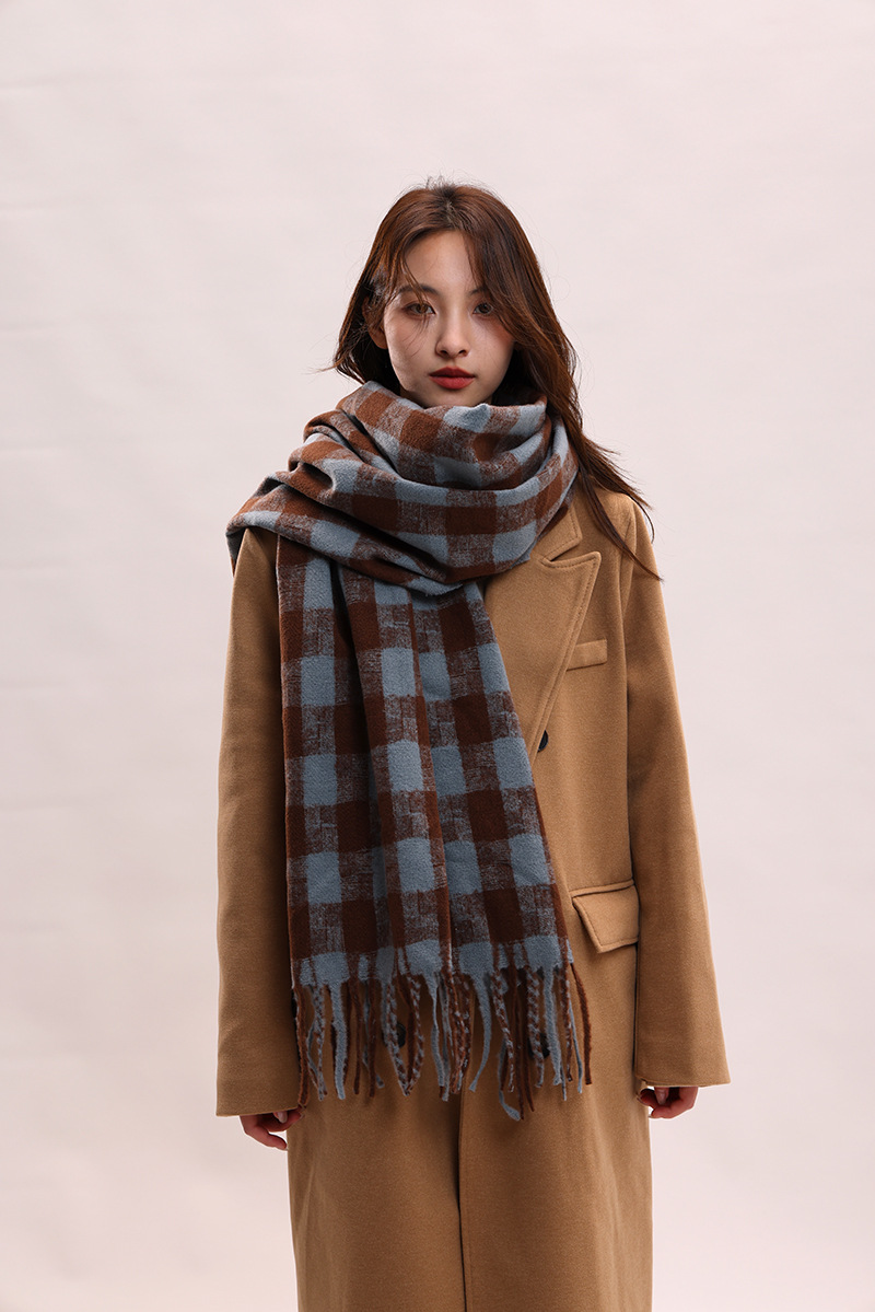 Sciarpa a quadri da donna autunno inverno sensazione avanzata spessa e calda collo frangia versatile studente moda INS_voghion.com