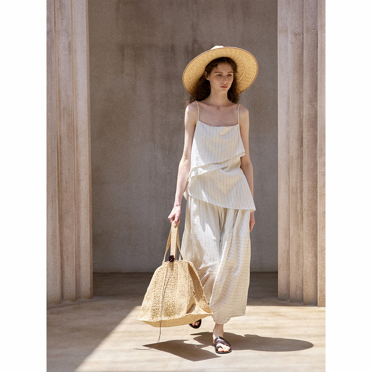 [Try a Few] Summer Linen Comfortable and Breathable Contrast Stripesd Flap Pocket Pants Elastic Waist Bud Skirt for Women M8935