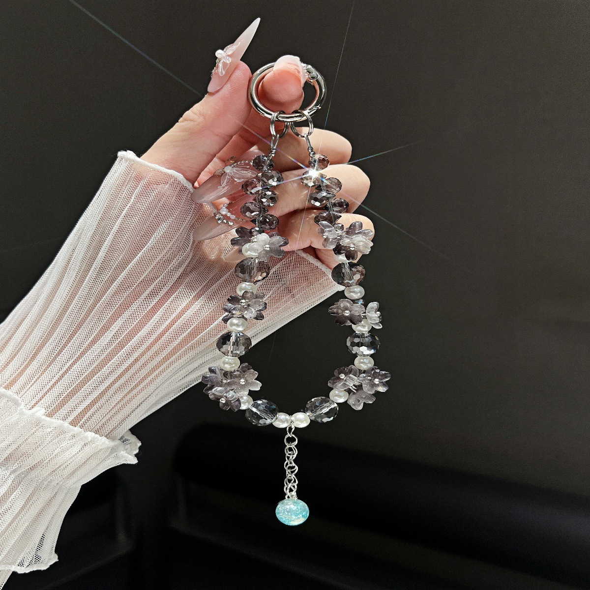 Cadena de teléfono móvil de cristal al por mayor, cadena colgante de carcasa de teléfono móvil de nicho, nueva gota de agua tridimensional, borla de copo de nieve, cordón de cuentas, hada