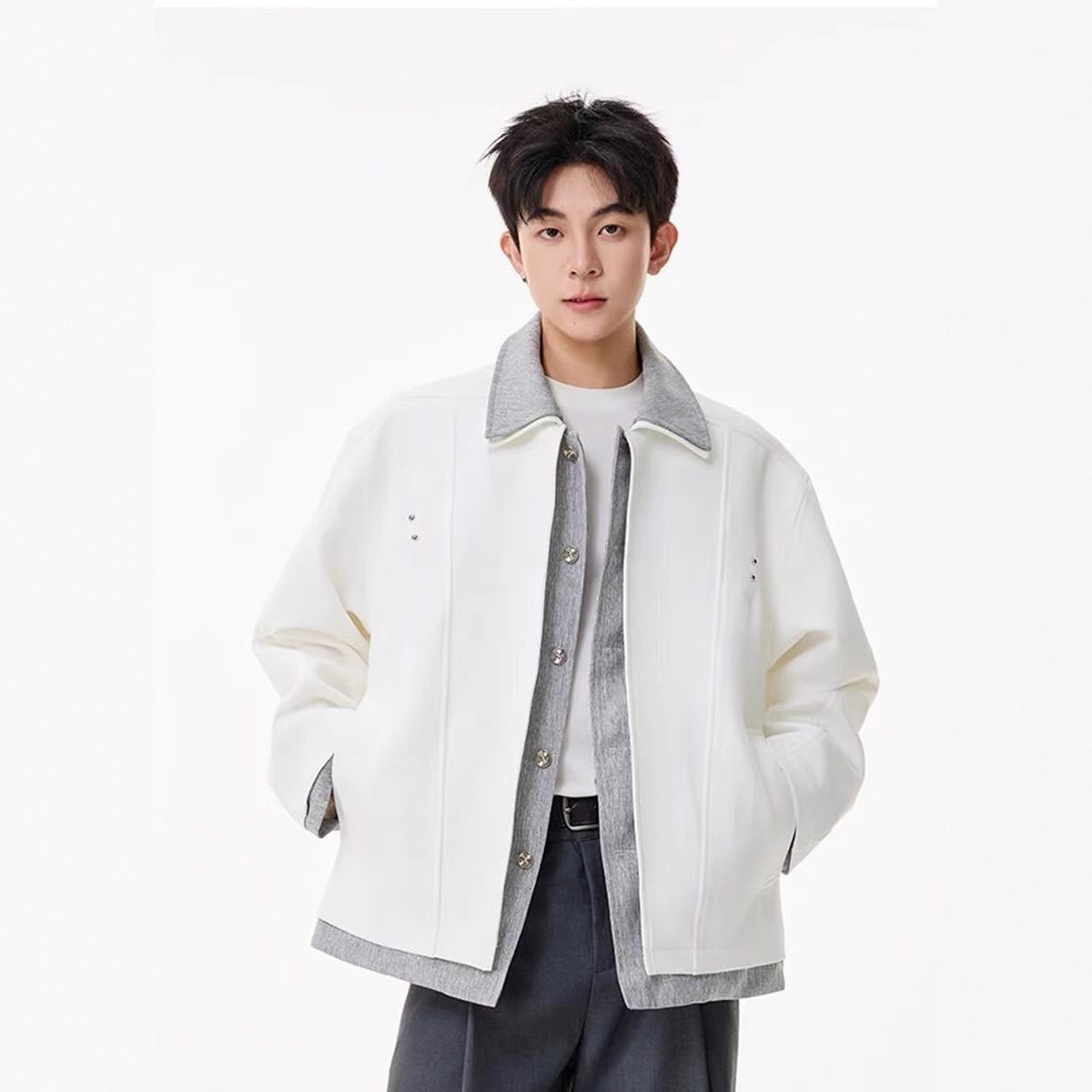High-End Men's Loose Jacket Korean Style Double-Layer Collar Men's Spliced ​​Fake Two-Piece Small Fragrant Lapel Jacket