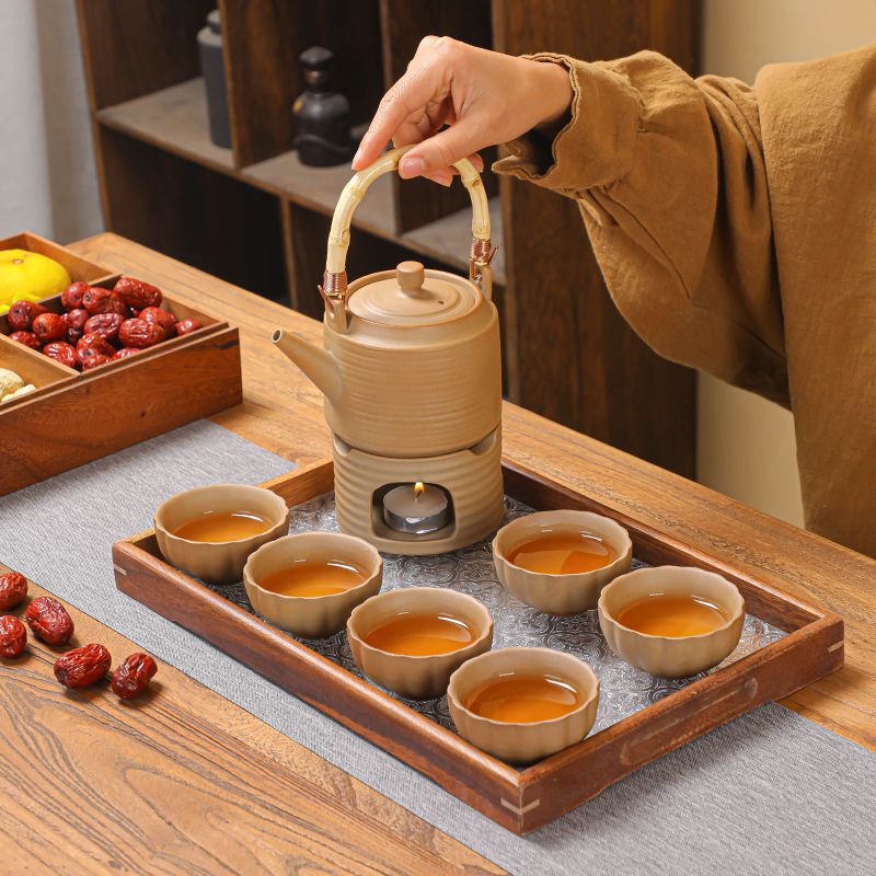 Teapot with Ceramic Handle, Tea Warmer, Household Kung Fu Tea Set, Single Pot for Brewing Tea Around the Stove, Coarse Pottery