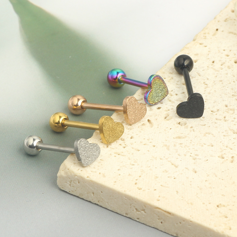 Amazon Hot Sale Stainless Steel Frosted Tongue Nail Puncture Jewelry Twist Ball Heart-Shaped Love Tongue Ring detail image 8